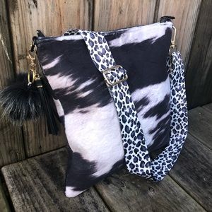 New Faux Fur Fabric Cowhide Cow Print Crossbody Messenger Bag Purse Leopard